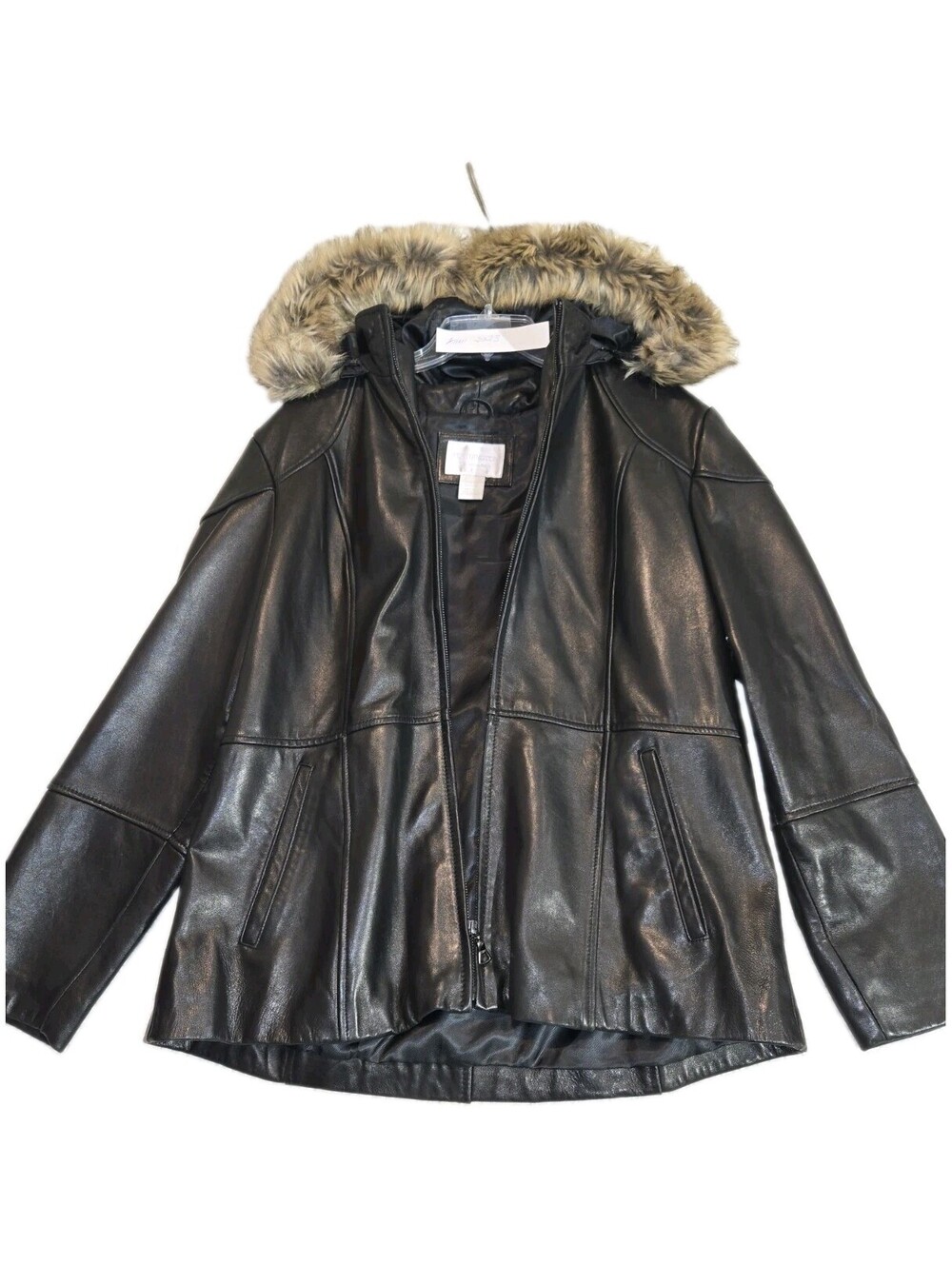 Worthington Black Genuine Lambskin Leather Jacket Faux Fur Hooded Coat Medium
